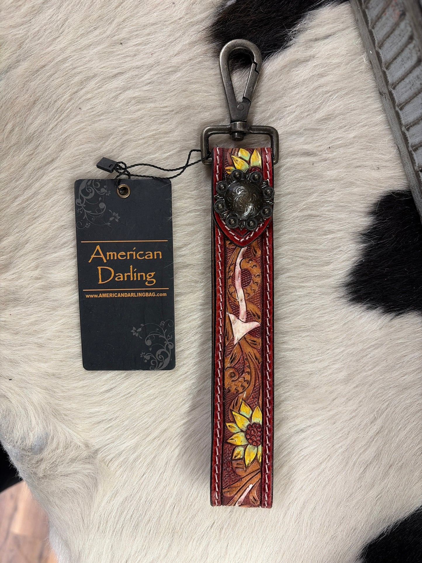 SUNFLOWER HAND TOOLED LEATHER WRISTLET KEY RING