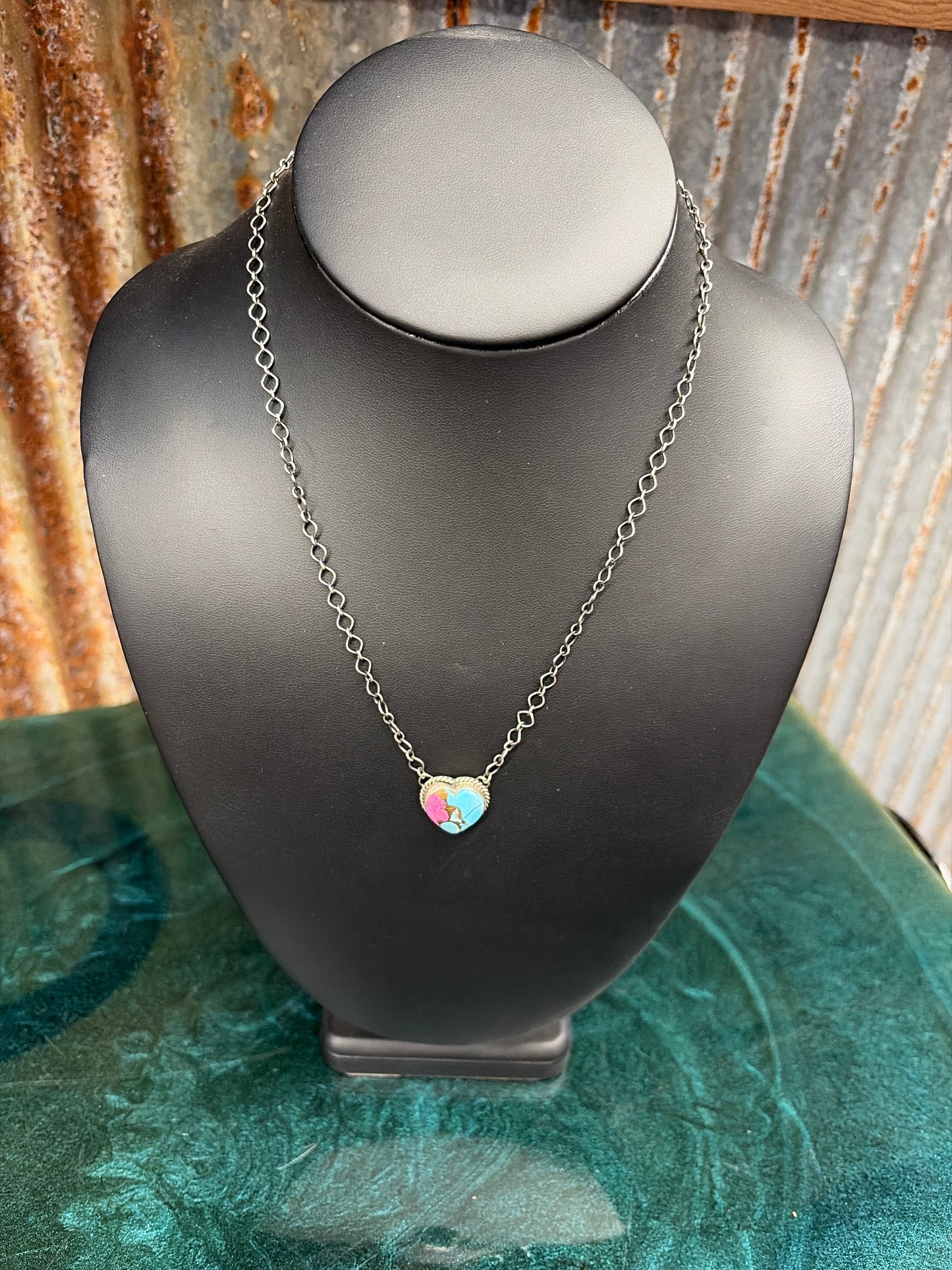 18" PINK & TURQ HEART CHAIN NECKLACE