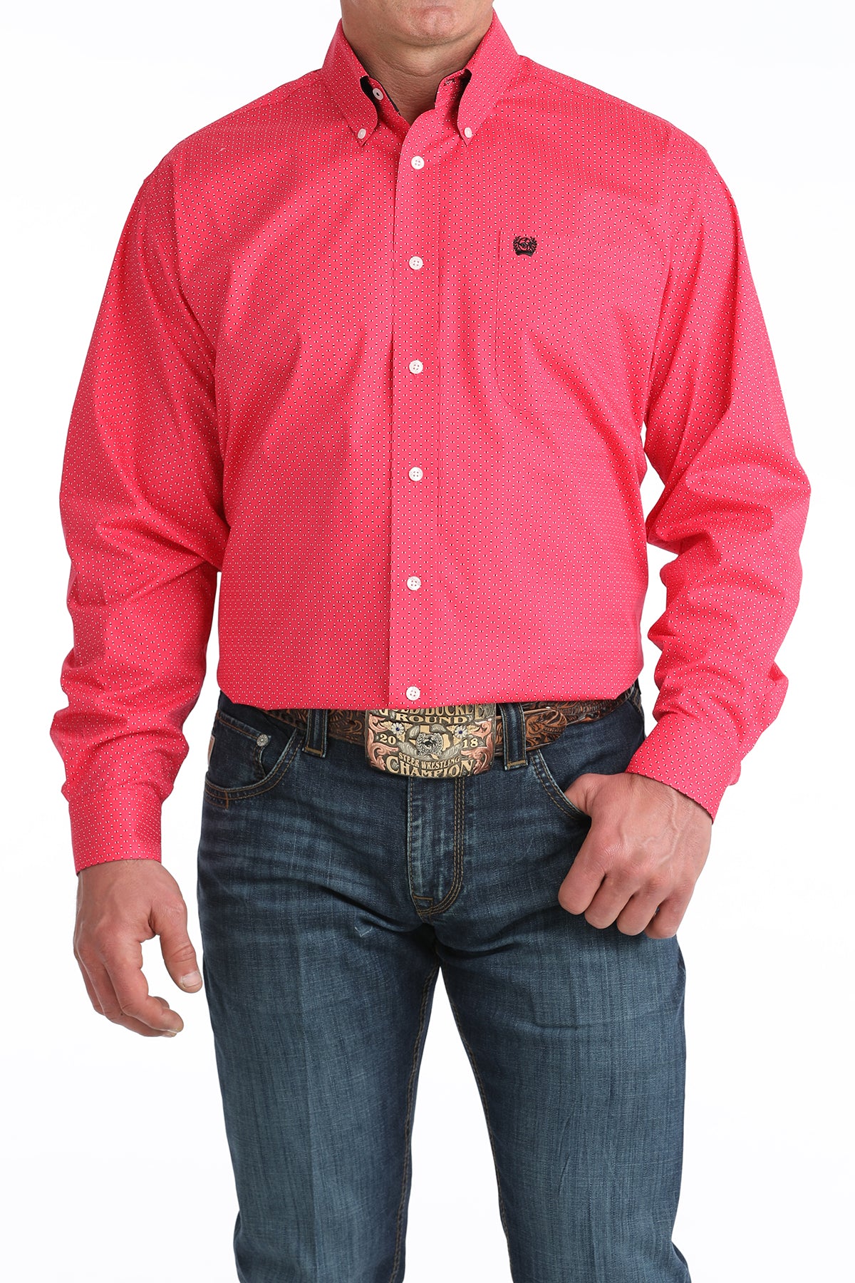 MENS PINK PRINT CINCH LONG SLEEVE SHIRT