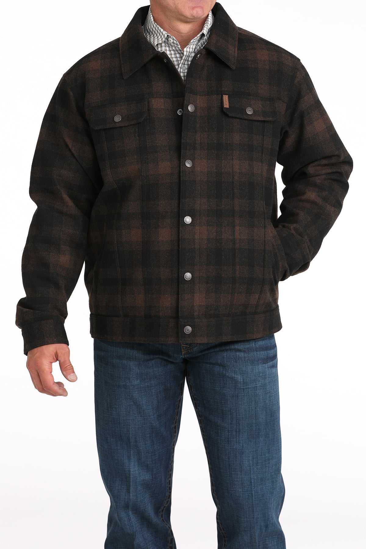 MENS BROWN PLAID WOOL TRUCKER JACKET