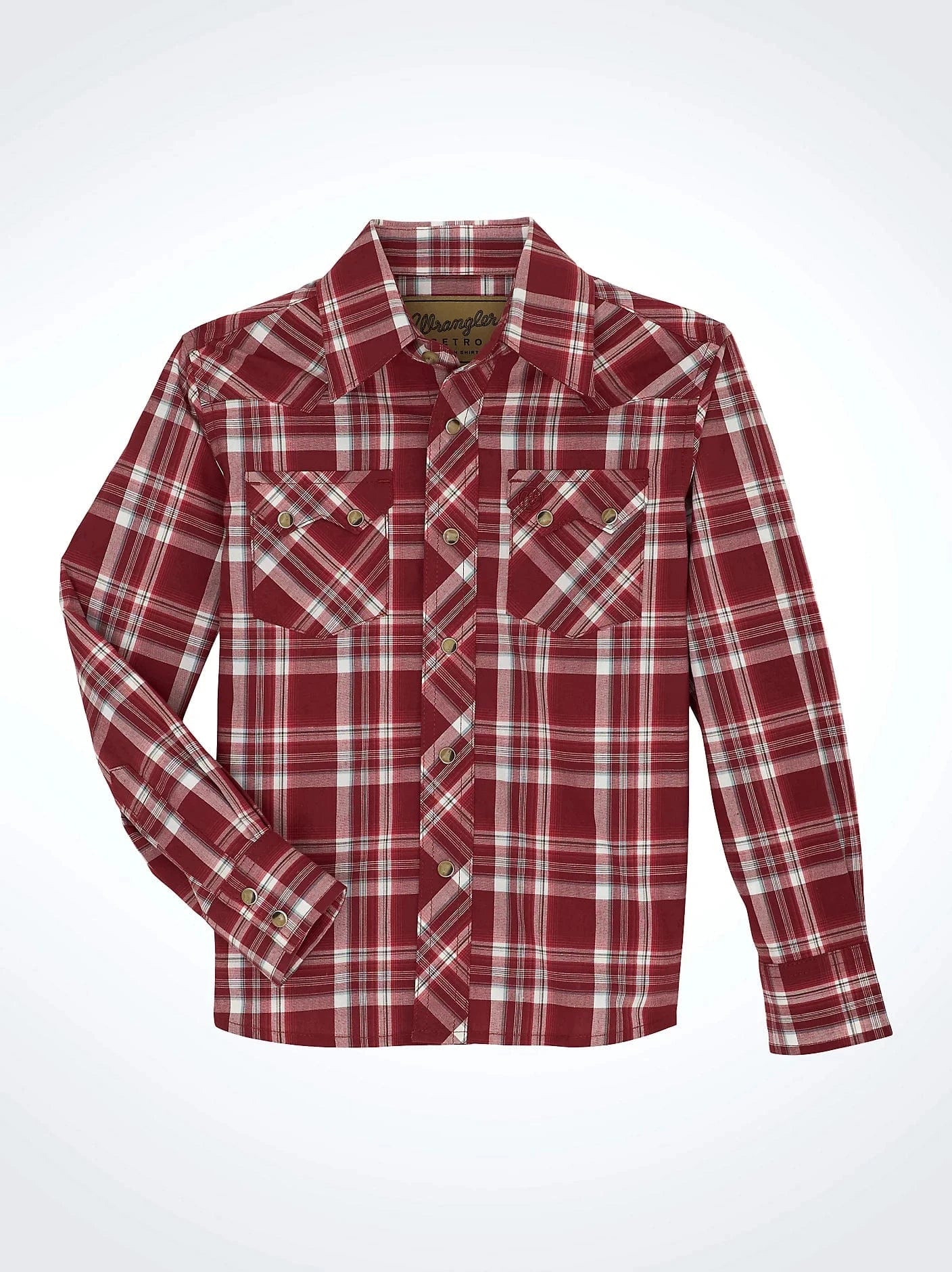 WRANGLER BOYS CLOTHING BOYS MAROON PLAID WRANGLER RETRO SNAP SHIRT