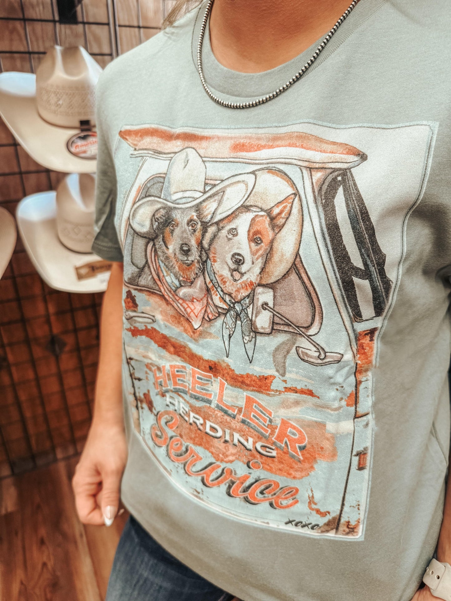 XOXO ART & CO LADIES CLOTHING HEELER HERDING SERVICE SAGE GREEN TEE SHIRT