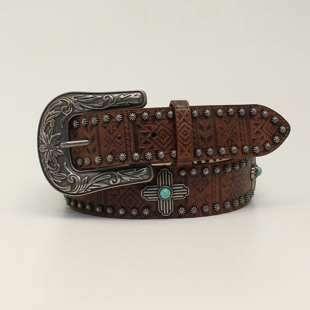 M&F WESTERN PRODUCTS ACCESSORIES LADIES AZTEC STAMP CROSS CONCHO BELT