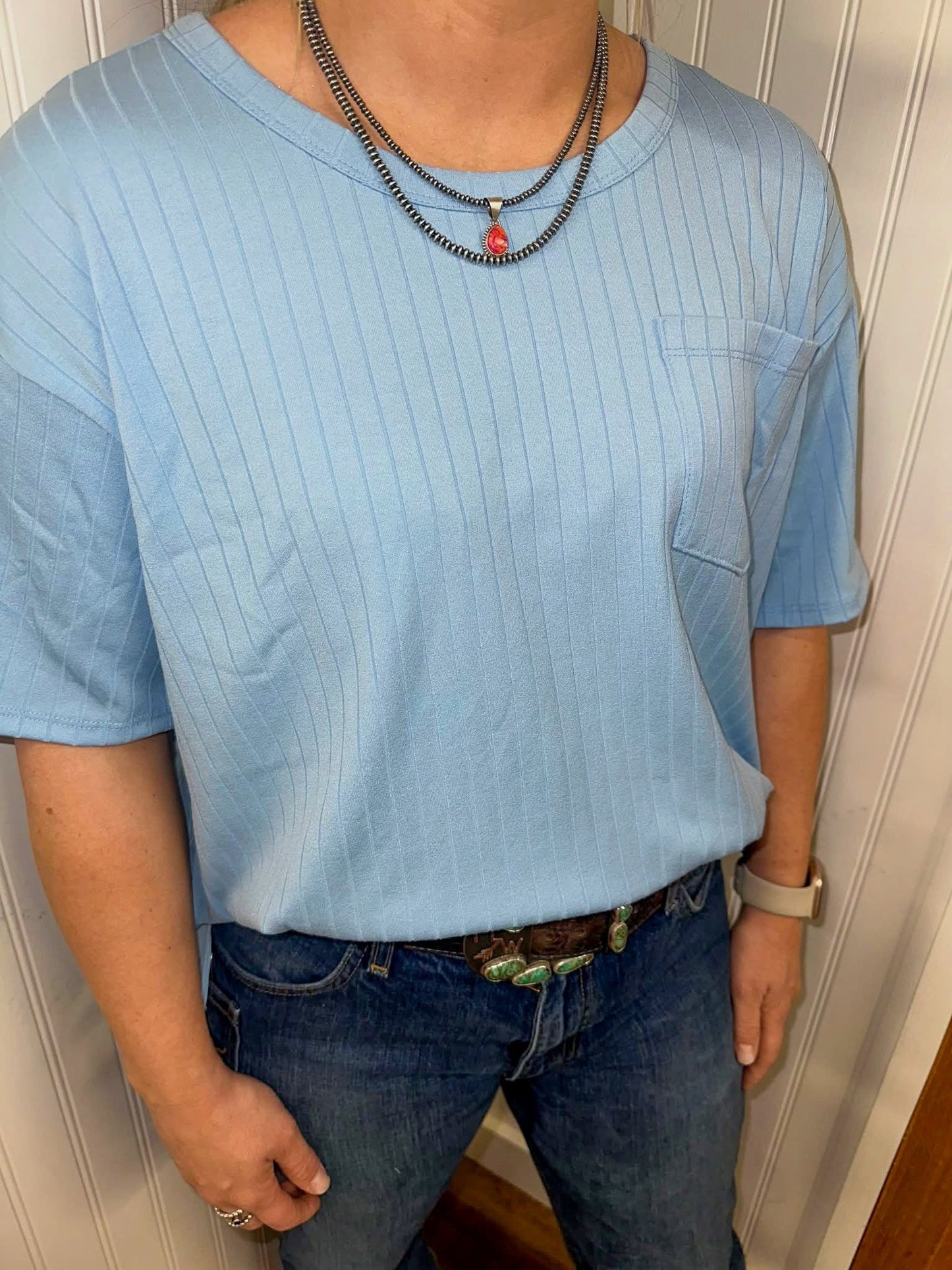 ANDREE BY UNIT (ADE) LADIES CLOTHING LADIES SKY BLUE RIBBED POCKET TEE