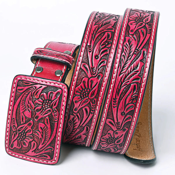 ROSE RED TOOLED LEATHER BELT & BUCKLE