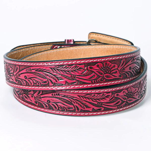 ROSE RED TOOLED LEATHER BELT & BUCKLE