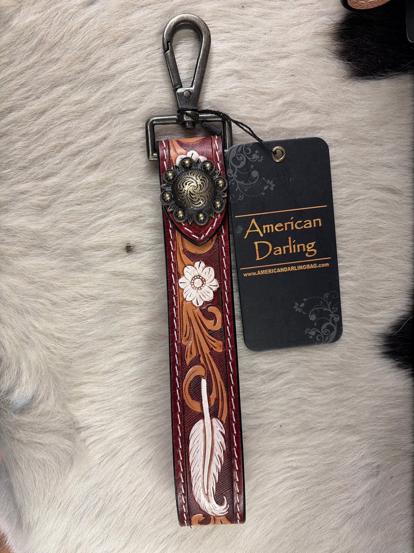 TRI-TONE FLORAL TOOLED LEATHER WRISTLET KEY RING