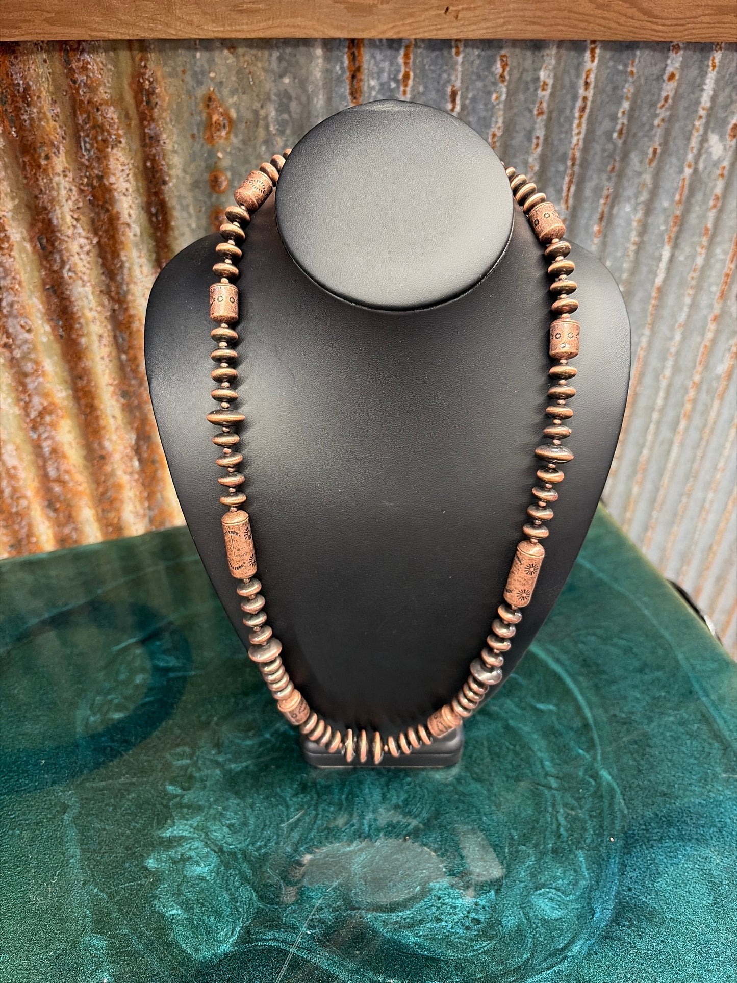 24" COPPER STAMPED SAUCER FAUX BEADED NECKLACE
