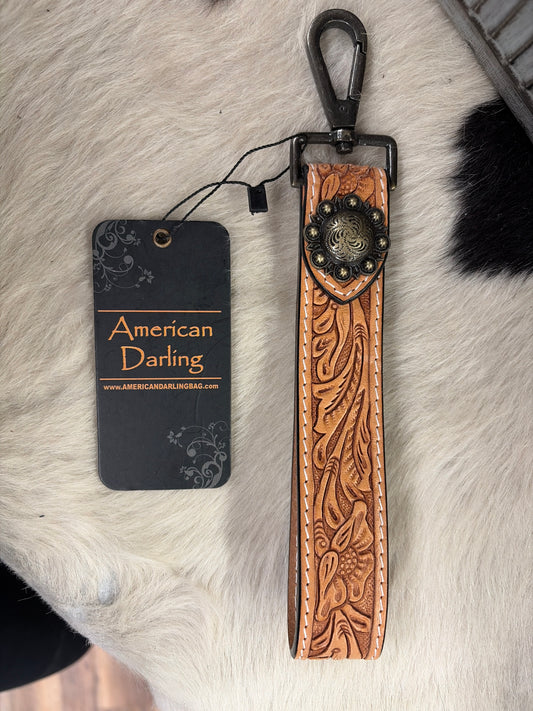 FLORAL HAND TOOLED LEATHER WRISTLET KEY RING