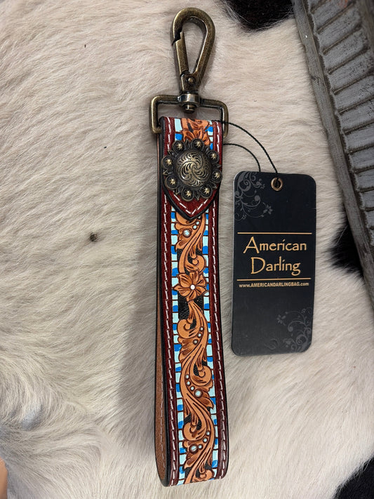 BLUE BORDER HAND TOOLED LEATHER WRISTLET KEY RING