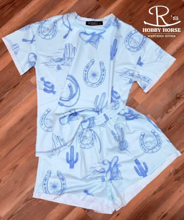 LADIES LIGHT BLUE WESTERN PRINT SET