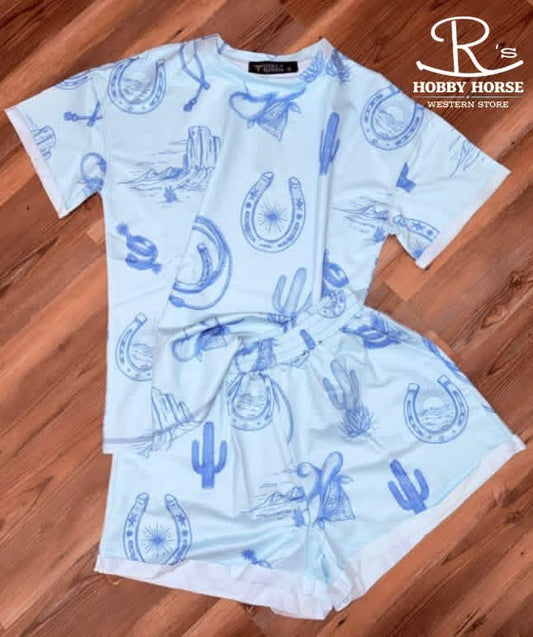 LADIES LIGHT BLUE WESTERN PRINT SET