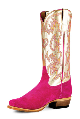 LADIES HOT PINK SUEDE/GOLD MACIE BEAN COWGIRL BOOT
