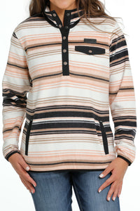 LADIES WHITE STRIPE FLEECE PULLOVER