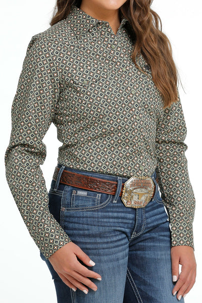 LADIES OLIVE PRINT BUTTON LONG SLEEVE SHIRT