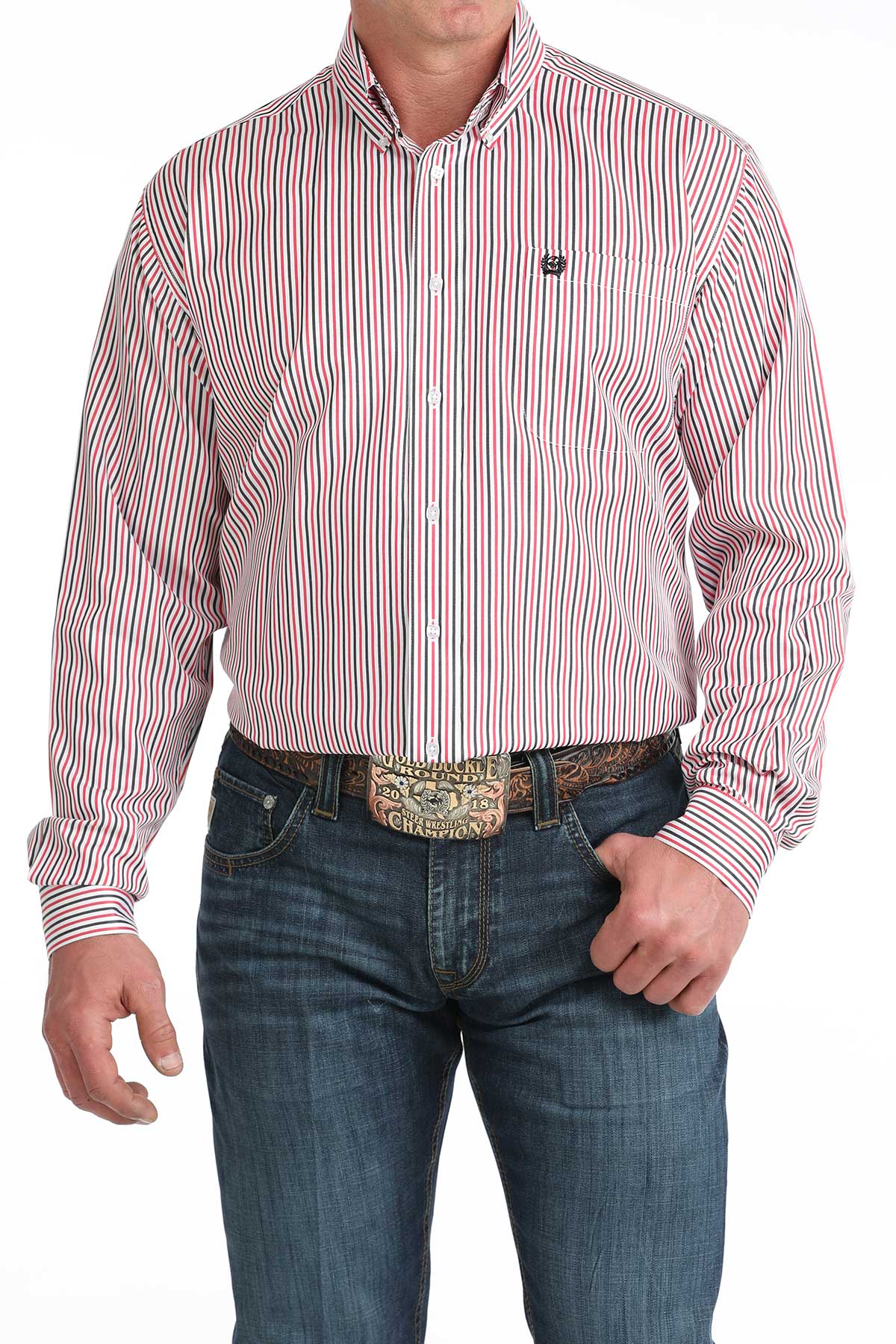 MENS PINK STRIPE CINCH LONG SLEEVE SHIRT