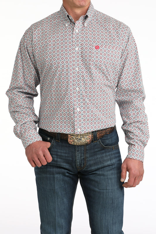 MENS WHITE PRINT CINCH LONG SLEEVE SHIRT
