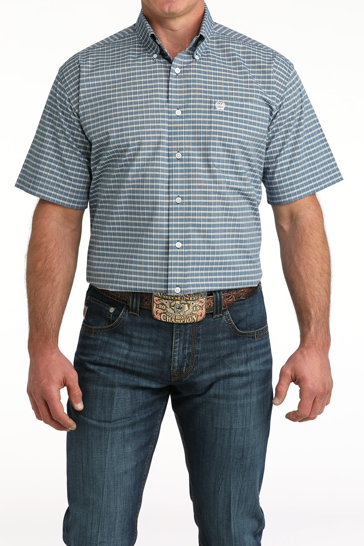 MENS BLUE PLAID CINCH SHORT SLEEVE SHIRT