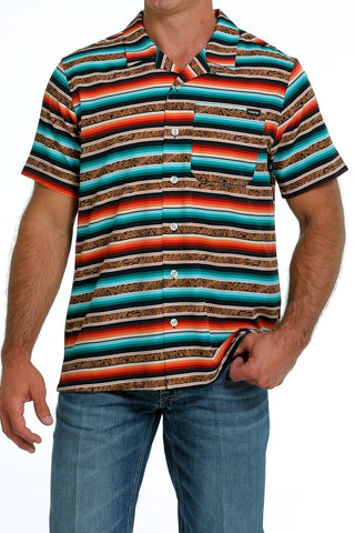 TEAL STRIPE W/ TOOLED LEATHER PRINT CAMP S/S BUTTON SHIRT