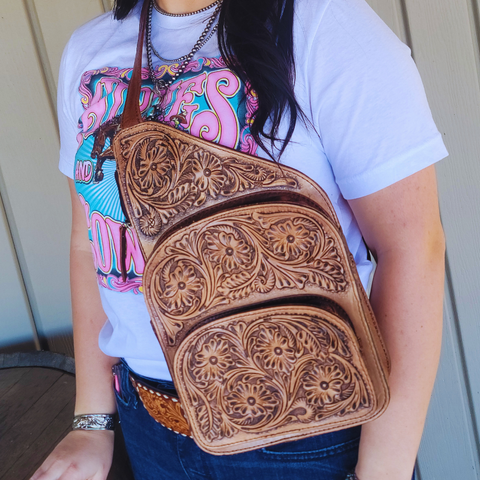 REMI TOOLED LEATHER SLING BAG