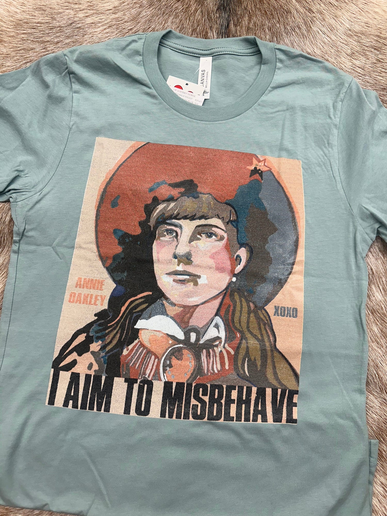 XOXO ART & CO LADIES CLOTHING ANNIE OAKLEY DUSTY BLUE TEE SHIRT