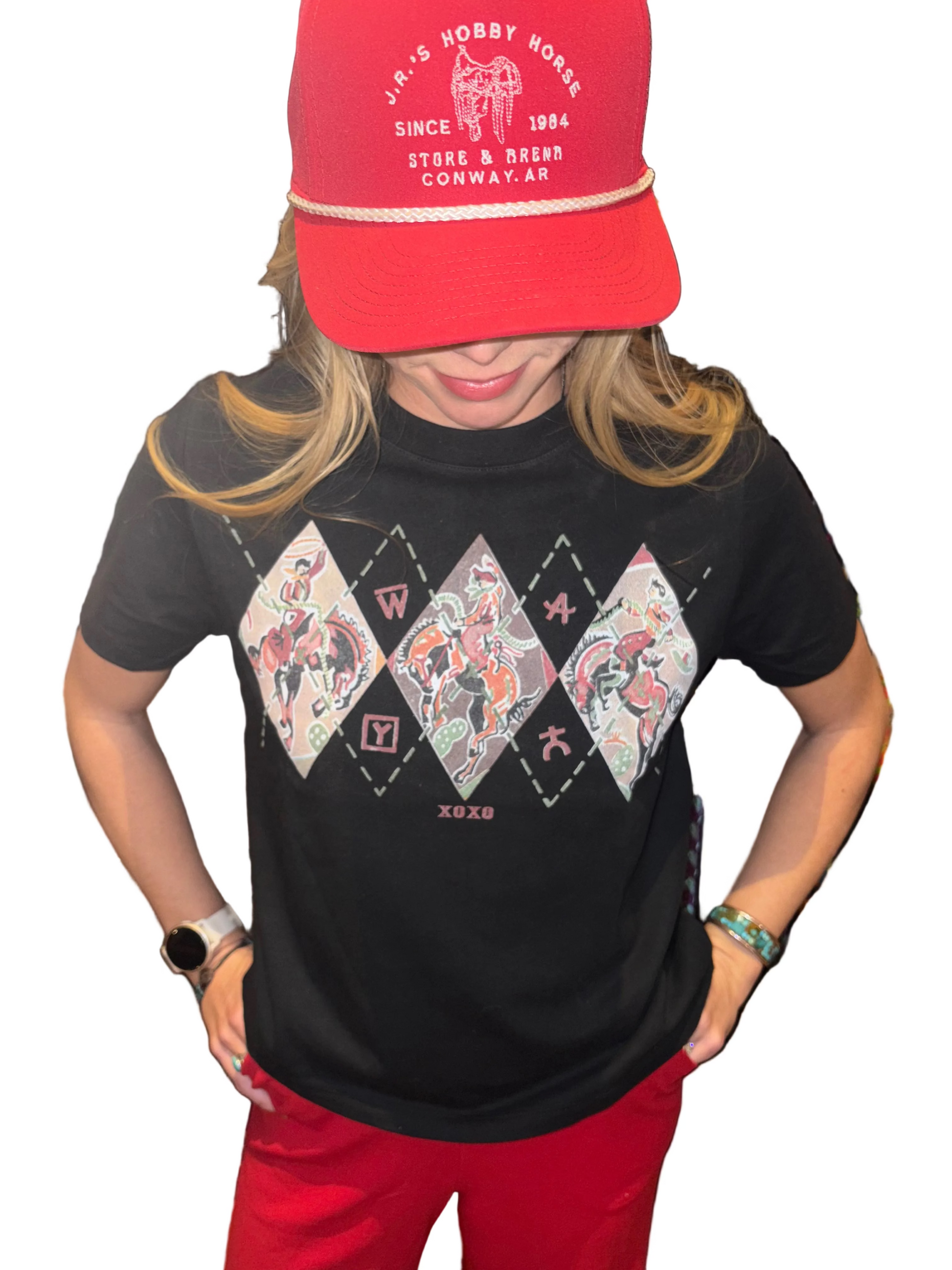 XOXO ART & CO LADIES CLOTHING BLACK COWBOY ARGYLE  BOXY VINTAGE TEE