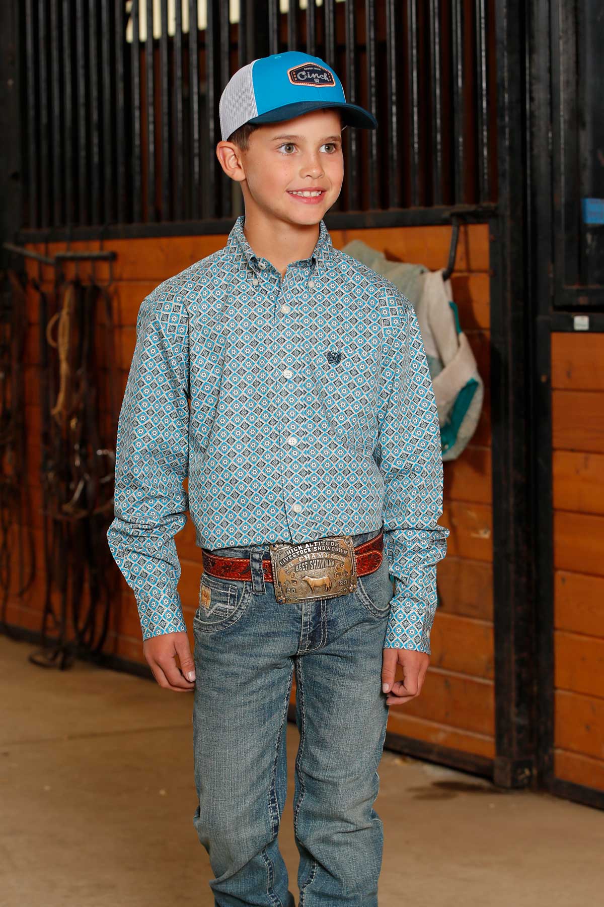 MILLER INTERNATIONAL BOYS CLOTHING BOYS BLUE PRINT LONG SLEEVE SHIRT