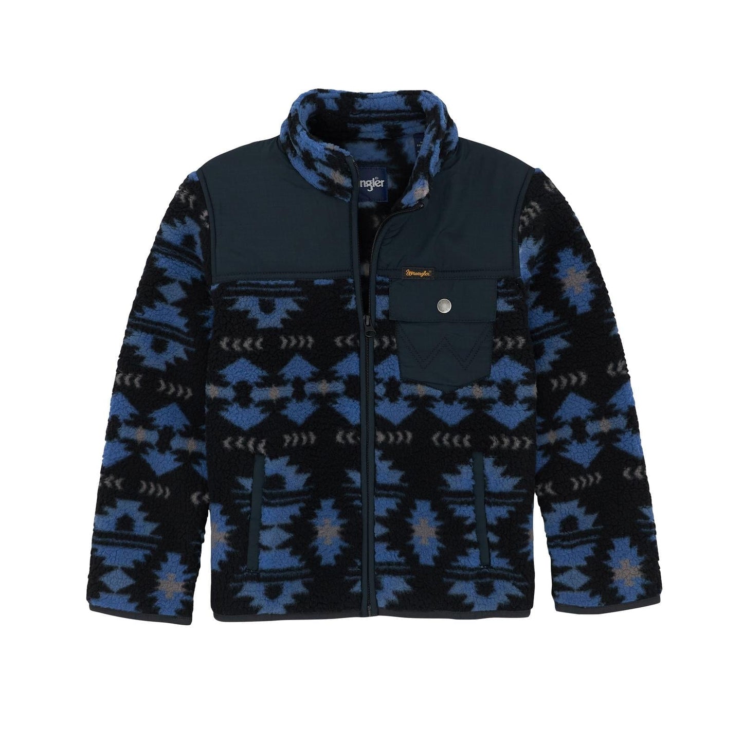 WRANGLER BOYS CLOTHING BOYS BLUE PRINT  WRANGLER SHERPA 1/4 SNAP PULLOVER