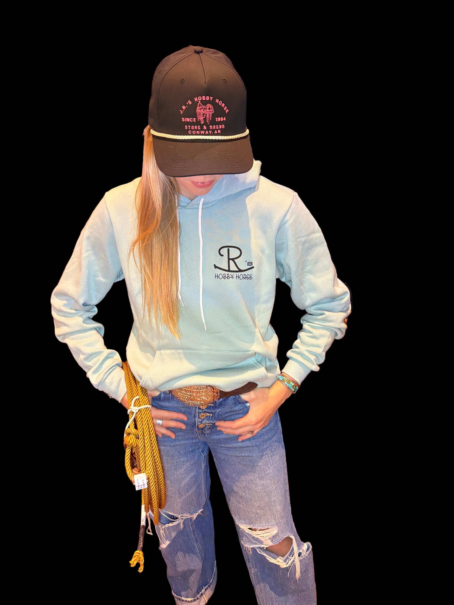 JR'S HOBBY HORSE APPAREL DUSTY BLUE JRS BUCKING HORSE HOODIE
