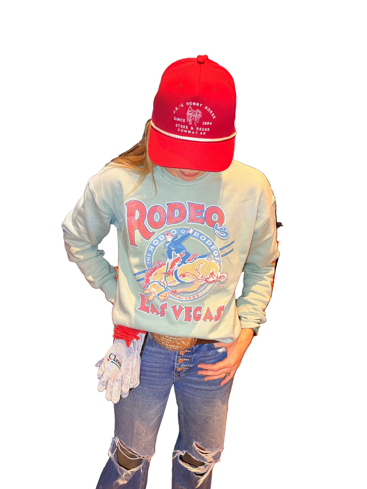 XOXO ART & CO LADIES CLOTHING DUSTY BLUE RODEO OF RODEOS LAS VEGAS SWEATSHIRT