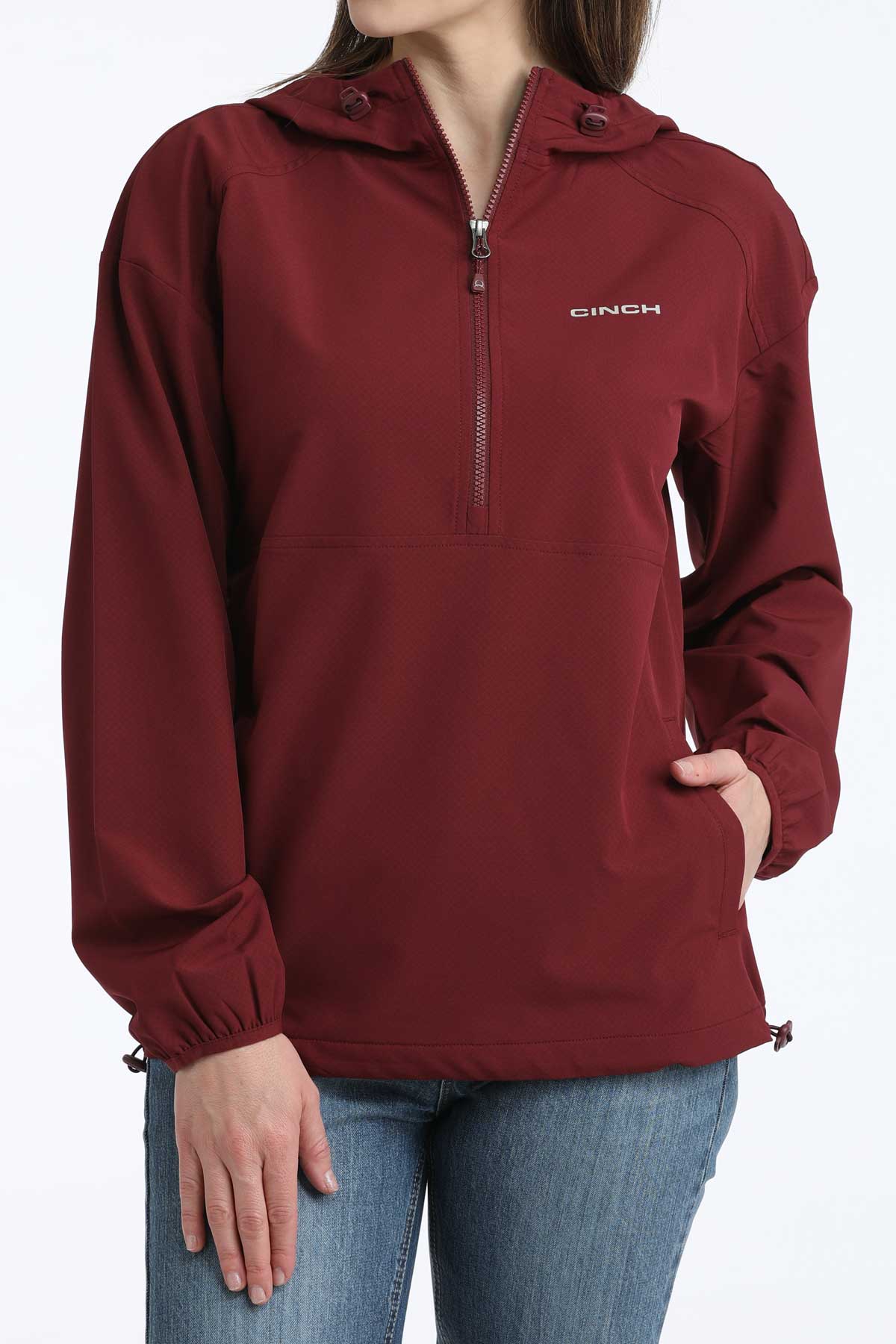 MILLER INTERNATIONAL LADIES CLOTHING LADIES BURGANDY CINCH 1/2 ZIP WINDBREAKER