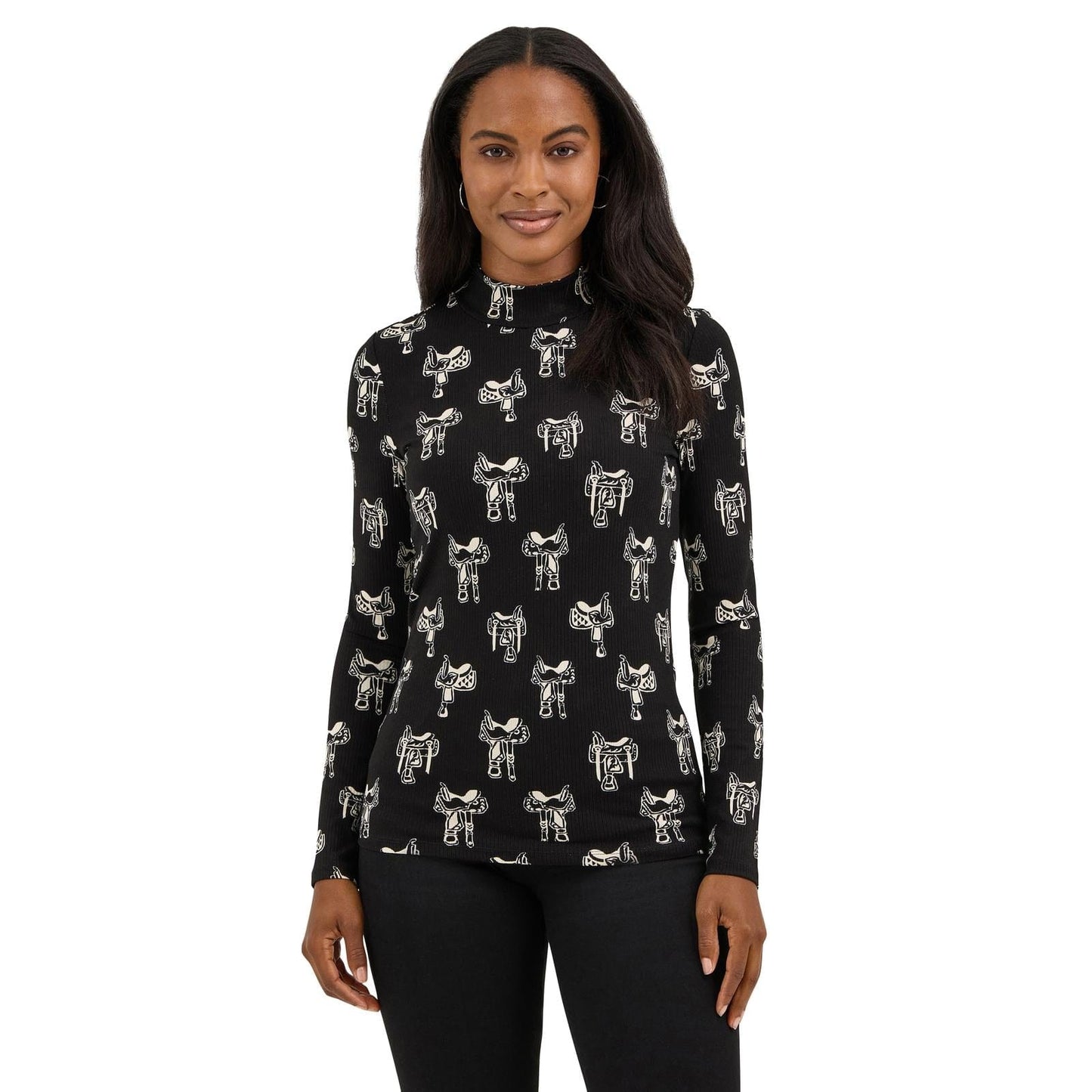 WRANGLER LADIES CLOTHING LADIES SADDLE PRINT MOCK NECK KNIT SHIRT