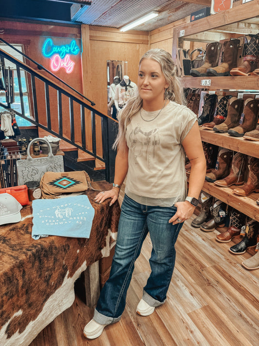 MILLER INTERNATIONAL LADIES CLOTHING LADIES SADDLE PRINT TEE W/ TULLE OVERLAY