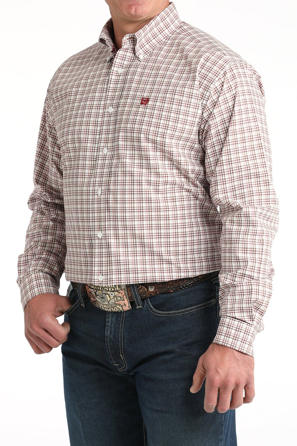 MILLER INTERNATIONAL MENS CLOTHING MENS BURGANDY PLAID CINCH LONG SLEEVE SHIRT