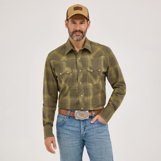 WRANGLER MENS CLOTHING MENS OLIVE WRANGLER RETRO L/S SNAP SHIRT
