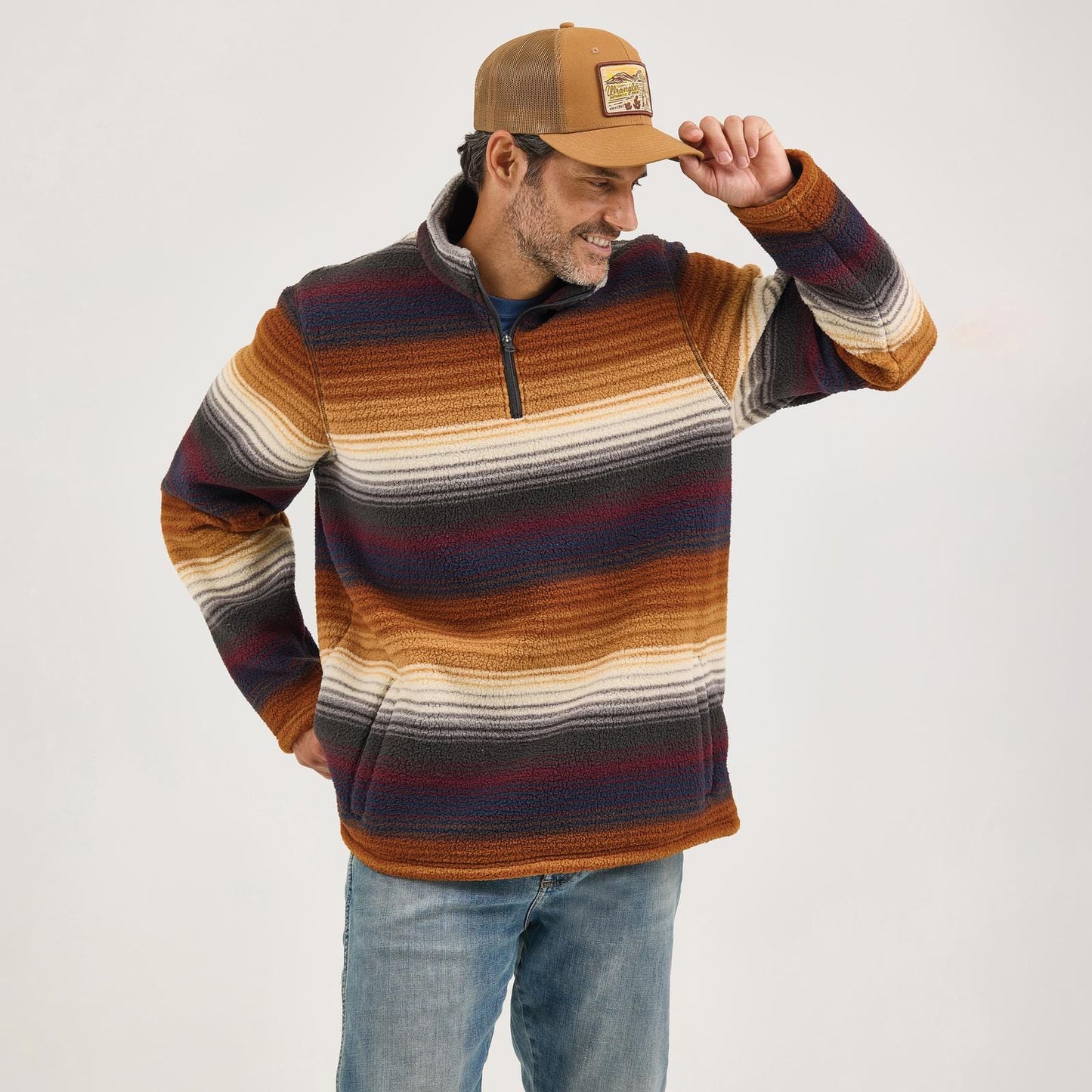 WRANGLER MENS CLOTHING MENS STRIPED 1/4 ZIP SHERPA WRANGLER PULLOVER
