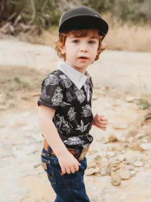 SHEA BABY CLOTHING-BOYS TODDLER BLACK WILD WEST POLO SHIRT
