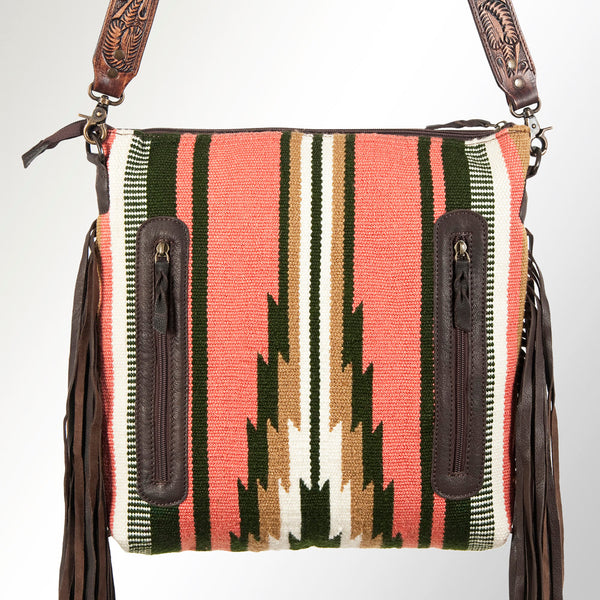 CORAL/HUNTER AZTEC WOOL PURSE W/ TOOLED STRAP