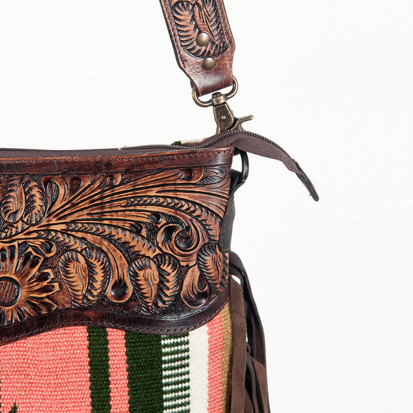 CORAL/HUNTER AZTEC WOOL PURSE W/ TOOLED STRAP