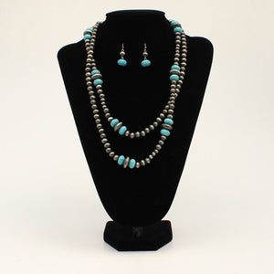 FAUX NAVAJO PEARL / TURQUOISE BEAD DOUBLE STRAND NECKLACE SET