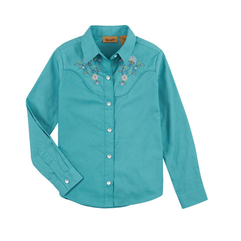 GIRLS TEAL EMBROIDERED LONG SLEEVE SHIRT
