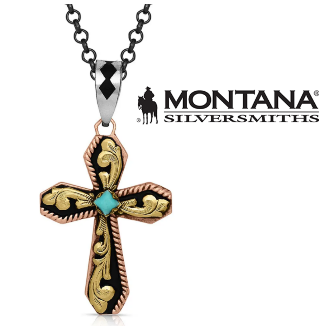 GOLD/ROSE GOLD/TURQ STONE CROSS NECKLACE