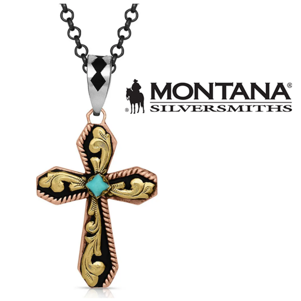 GOLD/ROSE GOLD/TURQ STONE CROSS NECKLACE