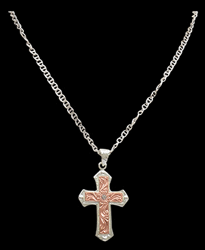 COPPER and SILVER ENGRAVED CROSS NECKLACE