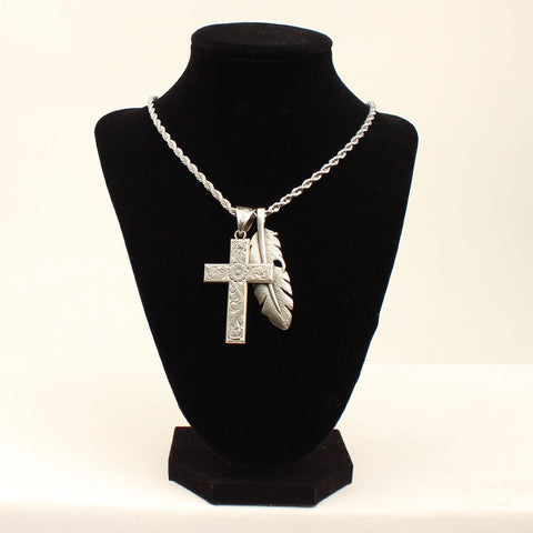 ENGRAVED CROSS and FEATHER NECKLACE