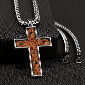 LEATHER INLAY CROSS NECKLACE