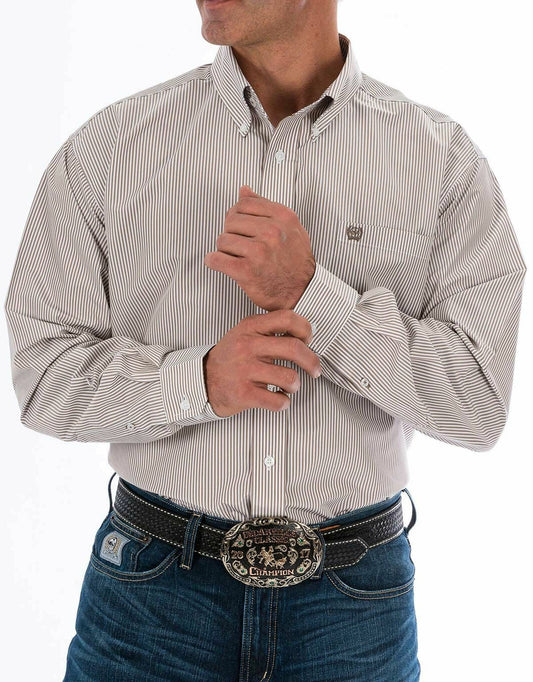 MILLER INTERNATIONAL MENS CLOTHING M MENS KHAKI STRIPE CINCH LONG SLEEVE SHIRT