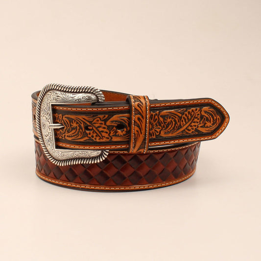 M&F WESTERN PRODUCTS ACCESSORIES 32 TAN/BROWN BASKETWEAVE STAMP BELT